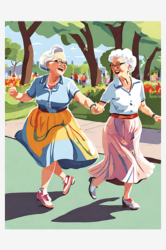 AI数字艺术卡通风跳广场舞的奶奶
