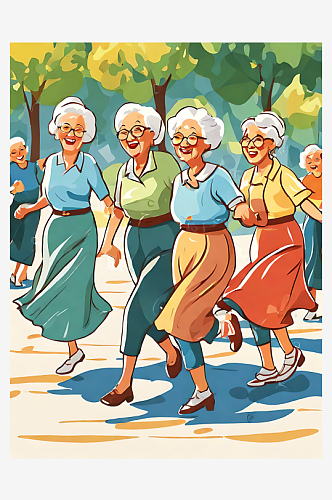 AI数字艺术卡通风跳广场舞的奶奶