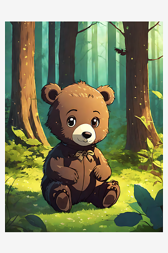 AI数字艺术动漫风森林里的小熊