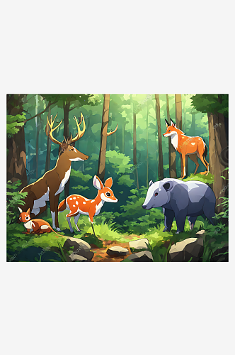 动漫风森林里的动物AI数字艺术