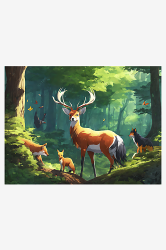 动漫风森林里的动物AI数字艺术
