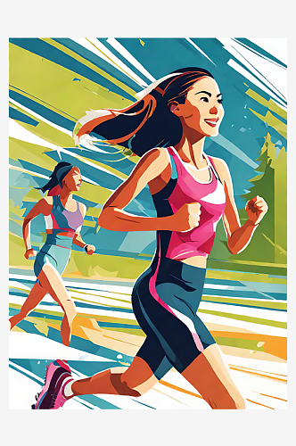 AI数字艺术跑步锻炼的女人卡通插画