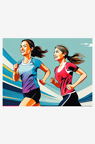 AI数字艺术跑步锻炼的女人卡通插画