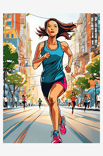 跑步锻炼的女人卡通插画AI数字艺术