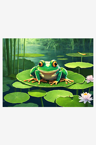 动漫风荷叶上的青蛙AI数字艺术