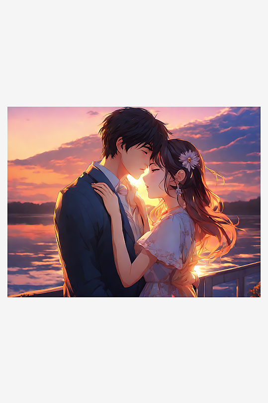 动漫风夕阳下拥抱的情侣ai数字艺术