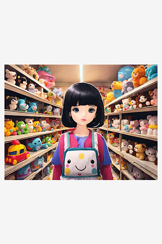 AI数字艺术卡通风在玩具店里的女孩