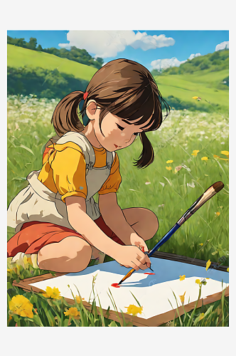 吉卜力风草地上画画的女孩AI数字艺术