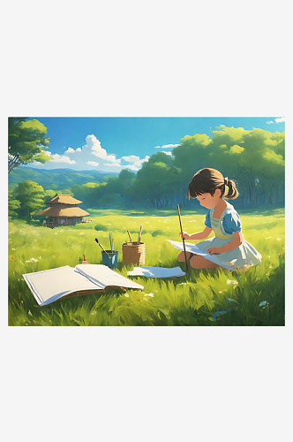 吉卜力风草地上画画的女孩AI数字艺术