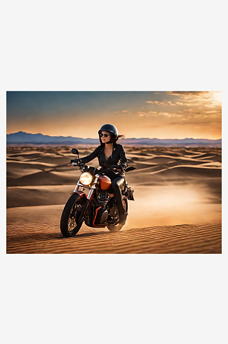 AI数字艺术摄影风日落沙漠骑摩托的女子