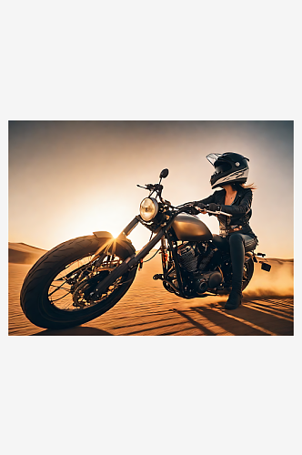 摄影风日落沙漠骑摩托的女子AI数字艺术