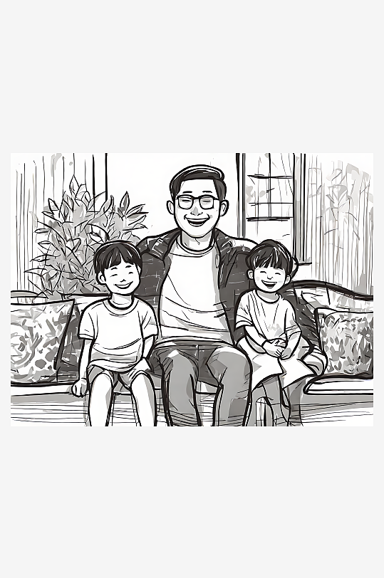爸爸和孩子们插画AI数字艺术