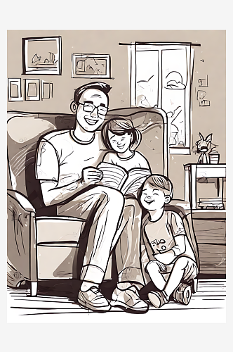 AI数字艺术爸爸和孩子们插画