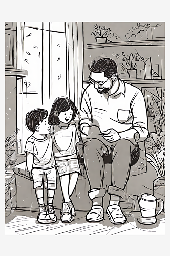 AI数字艺术爸爸和孩子们插画