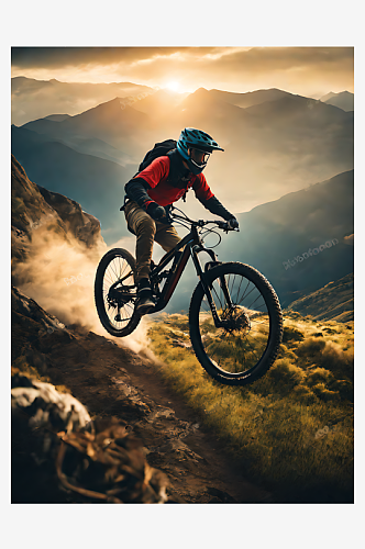 摄影风山地骑自行车AI数字艺术