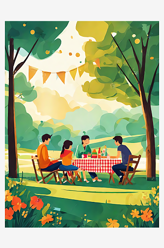 AI数字艺术一家人野餐平面插画