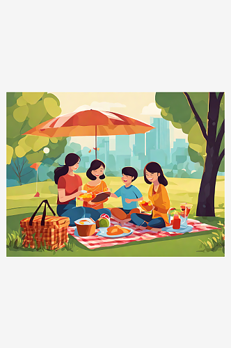 一家人野餐平面插画AI数字艺术