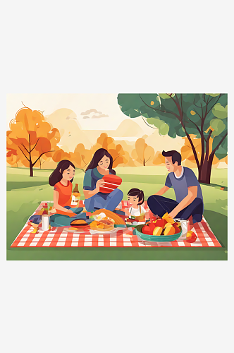 一家人野餐平面插画AI数字艺术