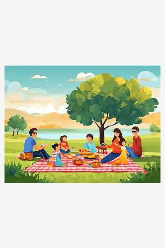 AI数字艺术一家人野餐平面插画