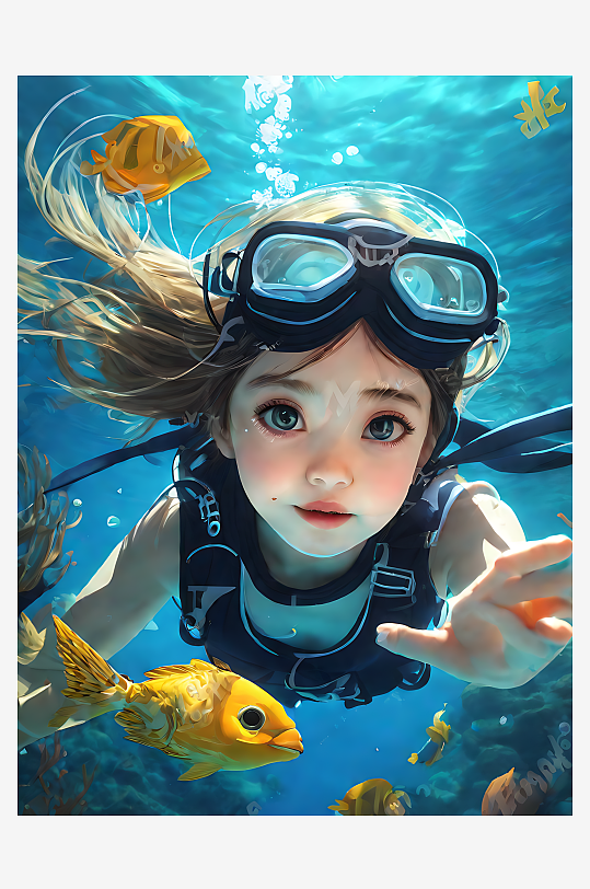 AI数字艺术动漫风海底潜水的女孩
