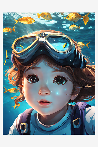 AI数字艺术动漫风海底潜水的女孩