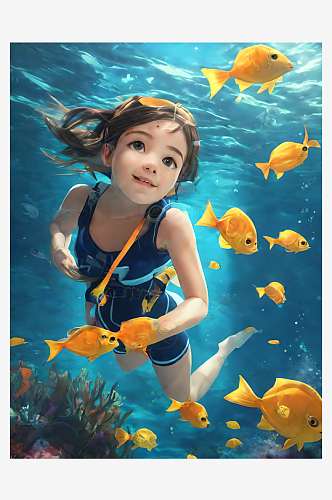 动漫风海底潜水的女孩AI数字艺术