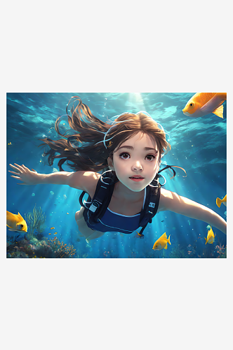 动漫风海底潜水的女孩AI数字艺术