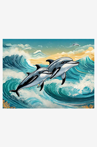 海豚和浪花手绘插画AI数字艺术