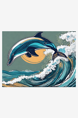海豚和浪花手绘插画AI数字艺术