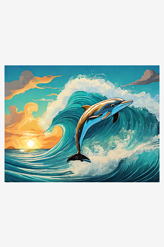 AI数字艺术海豚和浪花手绘插画