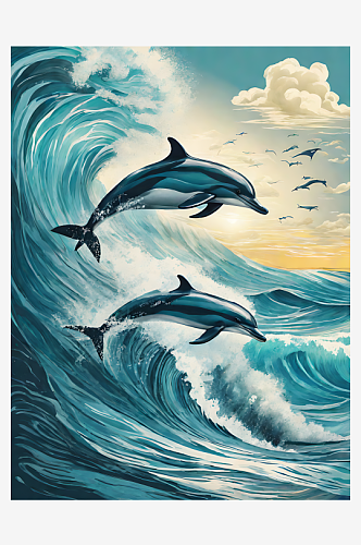 AI数字艺术海豚和浪花手绘插画