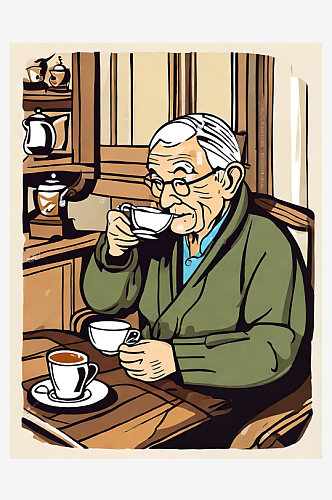 AI数字艺术喝茶的老人卡通插画