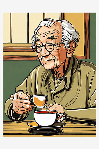 喝茶的老人卡通插画AI数字艺术