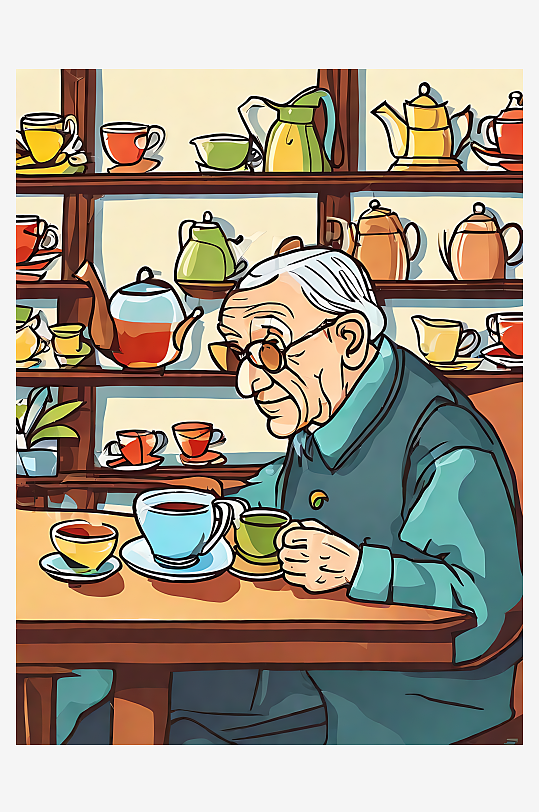 AI数字艺术喝茶的老人卡通插画