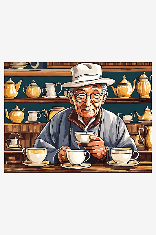 喝茶的老人卡通插画AI数字艺术