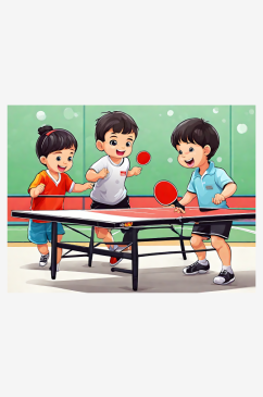 打乒乓球的小孩卡通插画AI数字艺术