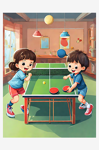 打乒乓球的小孩卡通插画AI数字艺术