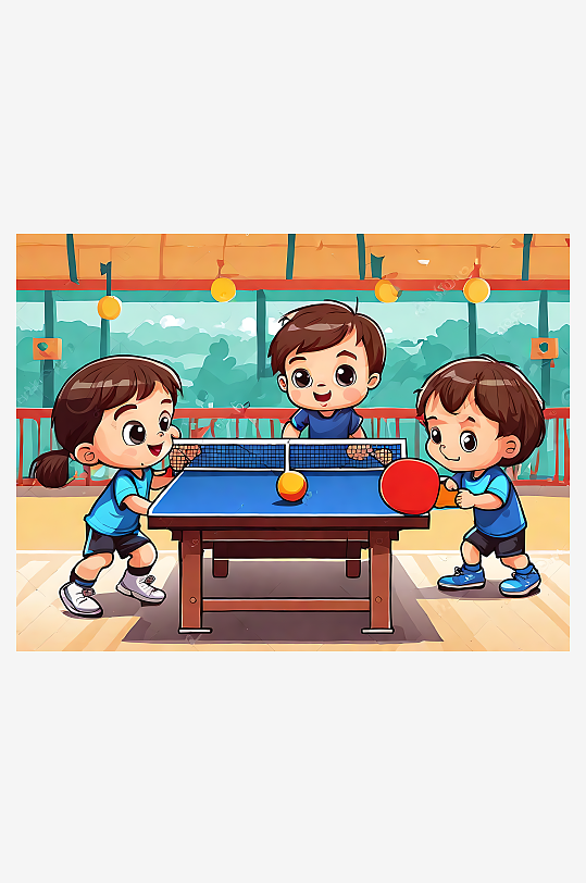 AI数字艺术打乒乓球的小孩卡通插画