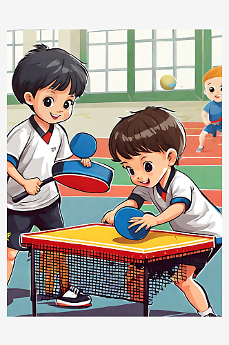 AI数字艺术打乒乓球的小孩卡通插画