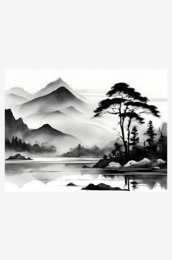 山脉河流水墨画图片AI数字艺术