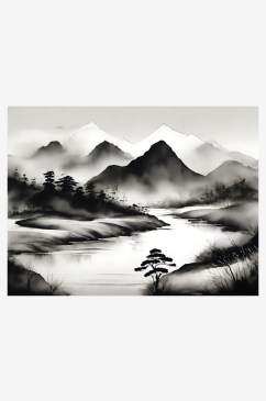 山脉河流水墨画图片AI数字艺术