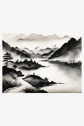 AI数字艺术山脉河流水墨画