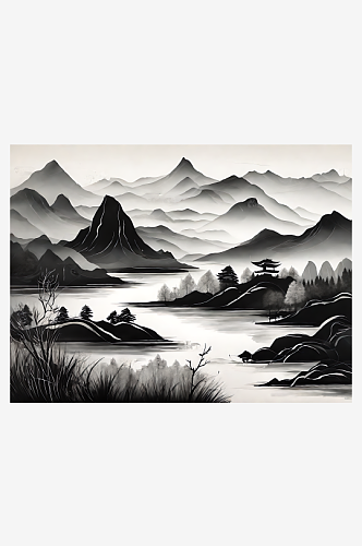 AI数字艺术山脉河流水墨画