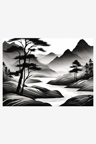 AI数字艺术山脉河流水墨画