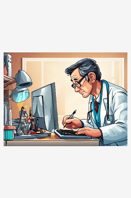 AI数字艺术医生卡通插画