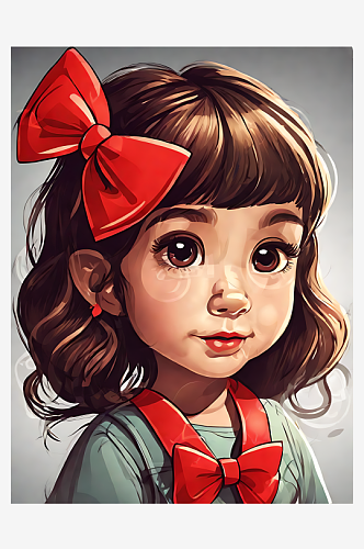 戴红色蝴蝶结的小女孩卡通插画AI数字艺术
