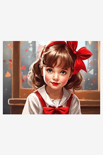 戴红色蝴蝶结的小女孩卡通插画AI数字艺术