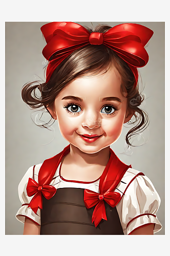 AI数字艺术戴红色蝴蝶结的小女孩卡通插画