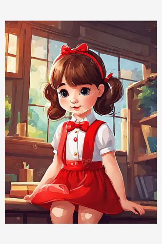 AI数字艺术戴红色蝴蝶结的小女孩卡通插画