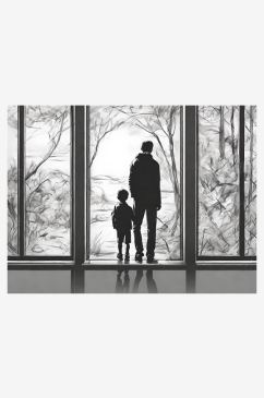 父亲与孩子的背影素描AI数字艺术